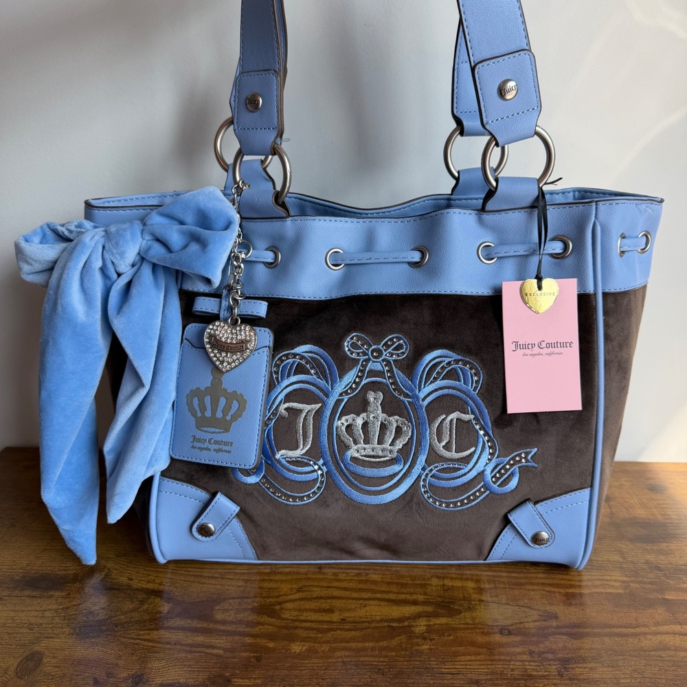 New Juicy Couture Lovers Club Brown Blue Daydreamer Tote Shoulder Handbag Charm